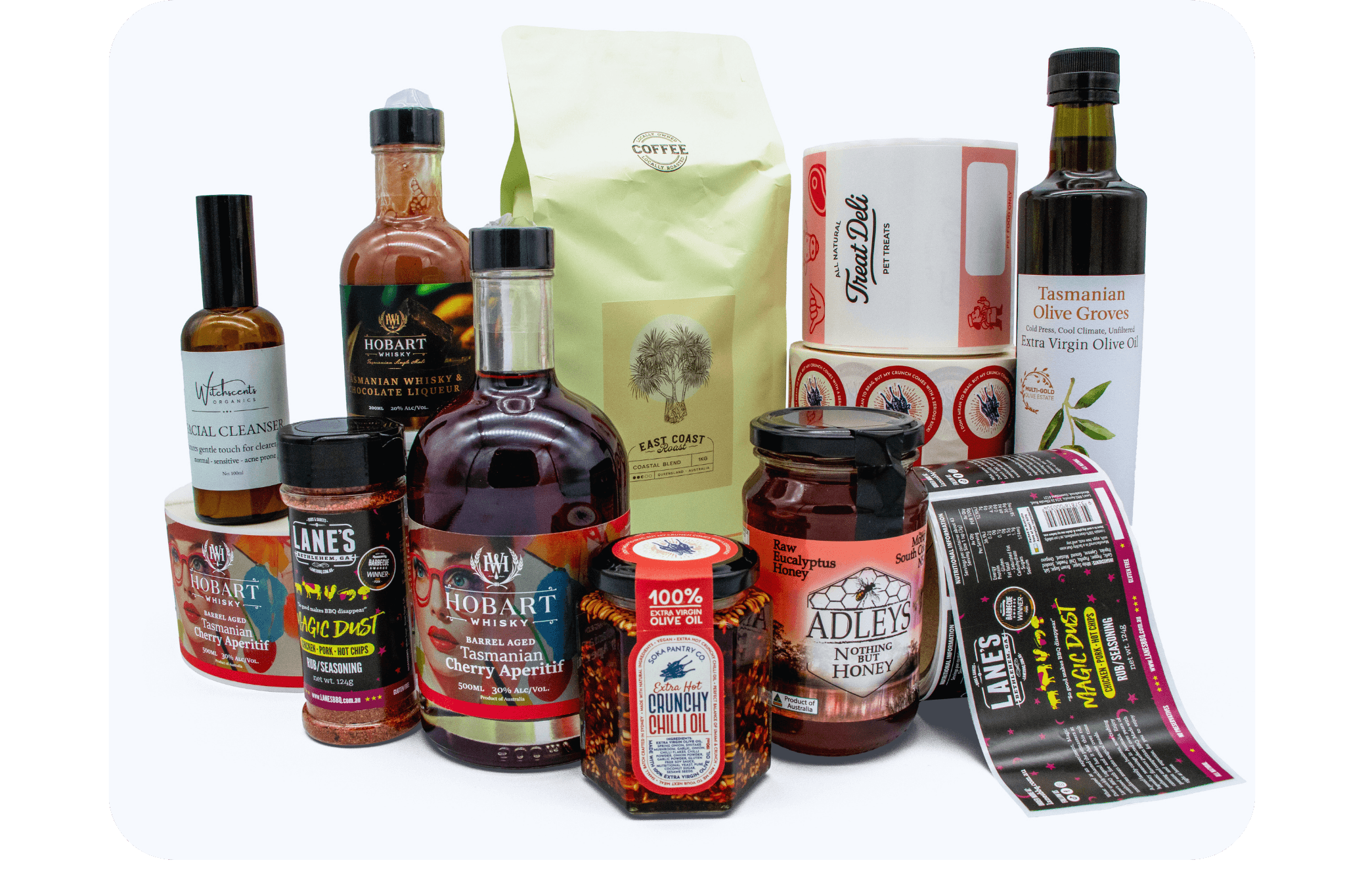 Image of a variety of Prime Labels custom products for businesses